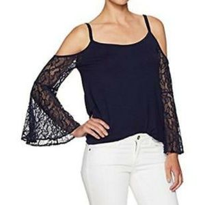 Kensie Navy Cold Shoulder Lace Sleeve Top